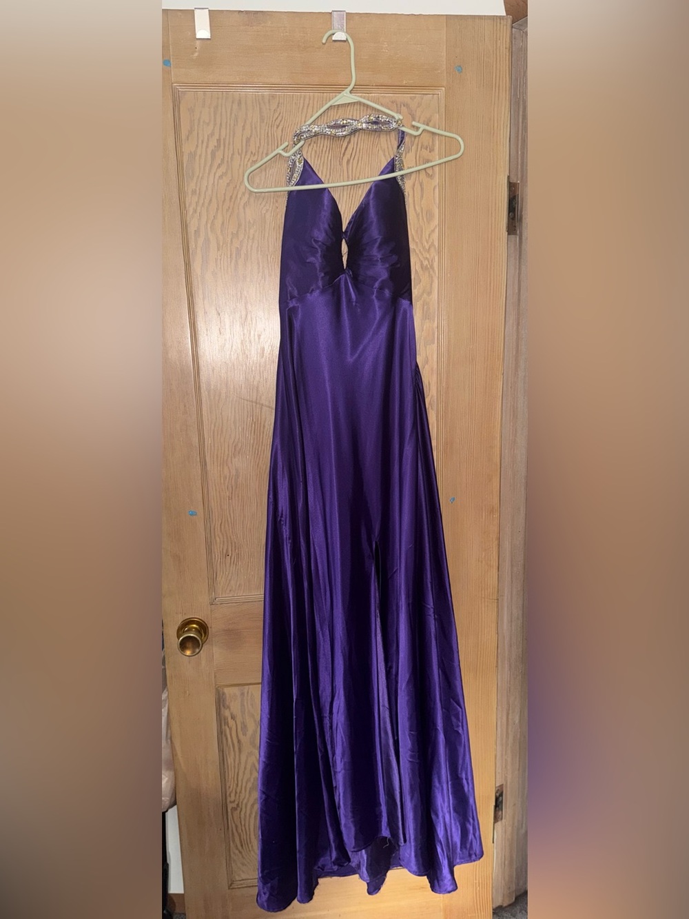 La Femme Deep Purple Satin Halter Prom Gown
